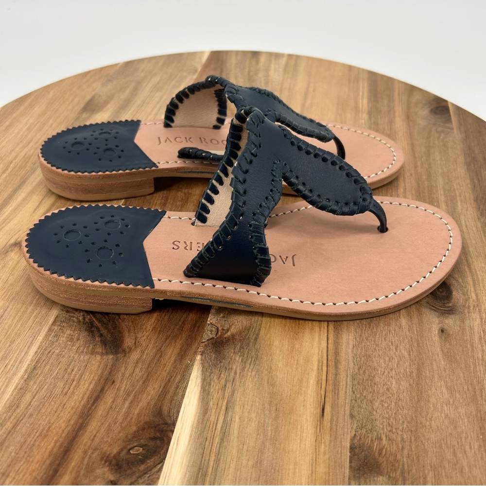 Jack Rogers Navy Blue and Tan Leather Flat Sandals Womens Size 6 Medium - Picture 2 of 10